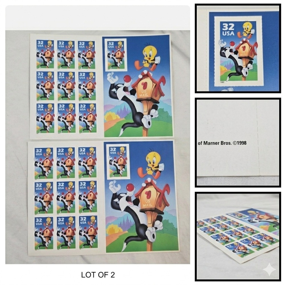 Vintage 1998 Looney Tunes Sylvester Tweety 32 Cent Stamps USPS Pane Lot of 2